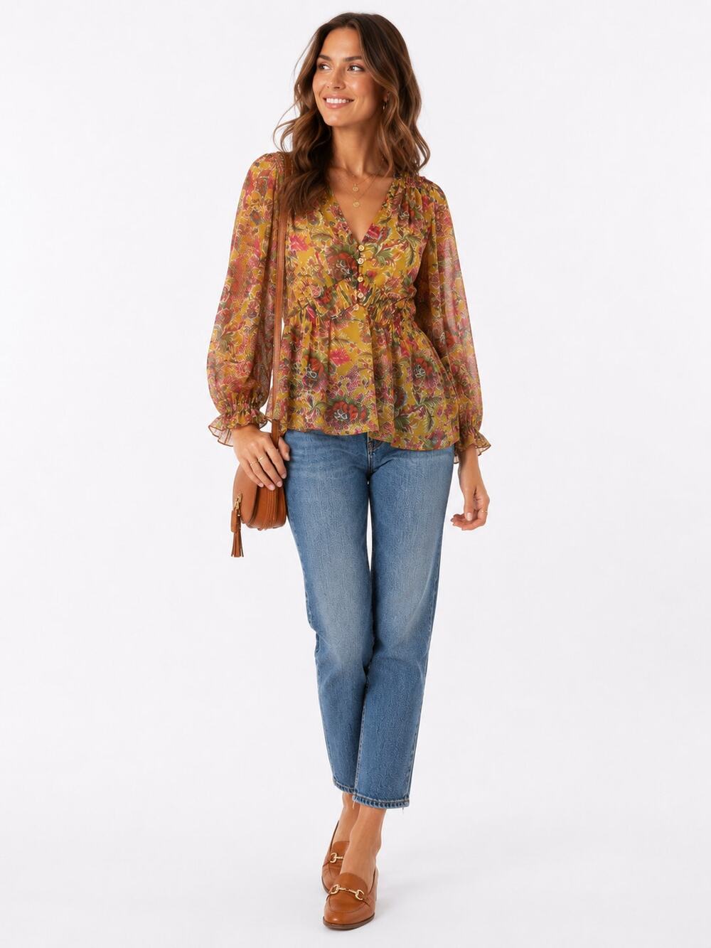 Anthropologie Floral Surplice Blouse XS NWOT Gold Boho Sheer Sleeve Top